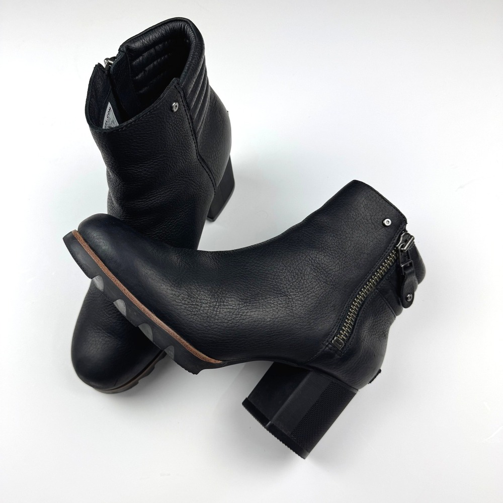Sorel Danica Womens 10 Black Waterproof Leather Moto Ankle Boots Block Heel